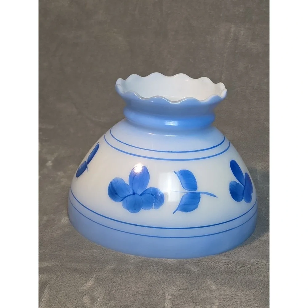Vintage Hand Painted Milk Glass Lamp Shade Blue Floral Scalloped Edge Cabincore